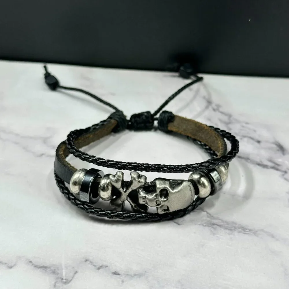 Mens Skull Cross Bracelet Leather Cord Metal Beads Adjustable Punk Biker